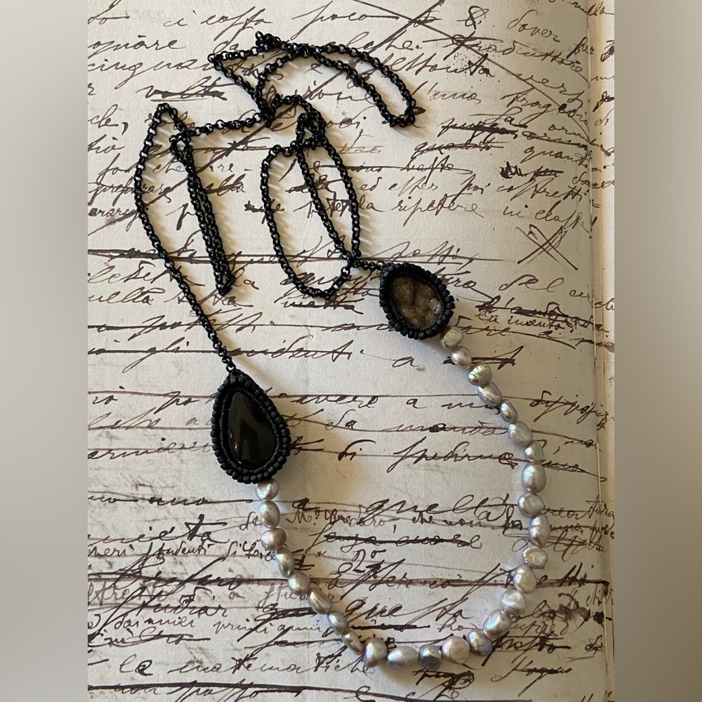 Jacki Holland - Black Tourmaline w/ Raw Amethyst + Grey Keishi Pearls Necklace